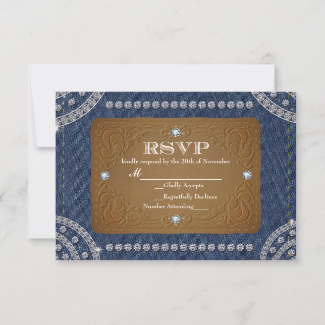 Denim & Diamonds Jeans Label Wedding RSVP Card (Front)
