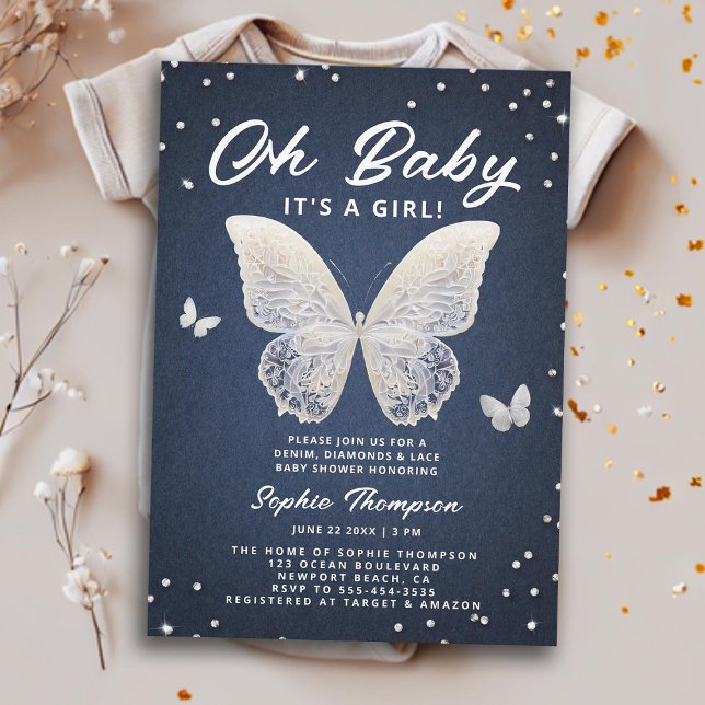 Denim Diamonds Lace Butterfly Oh Baby Girl Shower Invitation (denim diamonds lace baby girl shower invitation rhinestones butterflies elegant modern classy chic)