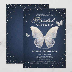 Denim Diamonds Lace Butterfly Unique Bridal Shower Invitation