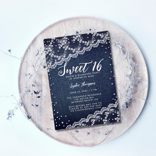 Denim Diamonds Lace Sweet 16 Trendy Birthday Party Invitation (Creator Uploaded)