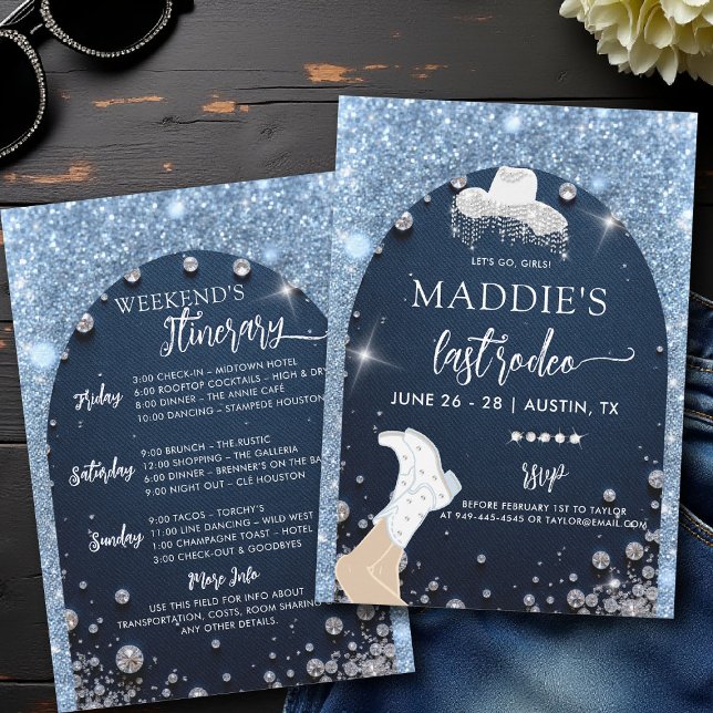 Denim Diamonds Last Rodeo Bling Arch Bachelorette Invitation (denim and diamonds bachelorette party invite last rodeo glam bling itinerary blue glitter arch)