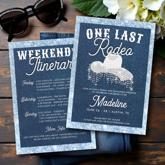 Denim Diamonds Last Rodeo Cowgirl Bachelorette Invitation (denim and diamonds bachelorette party invite last rodeo glam bling frame lets go girls classy chic)