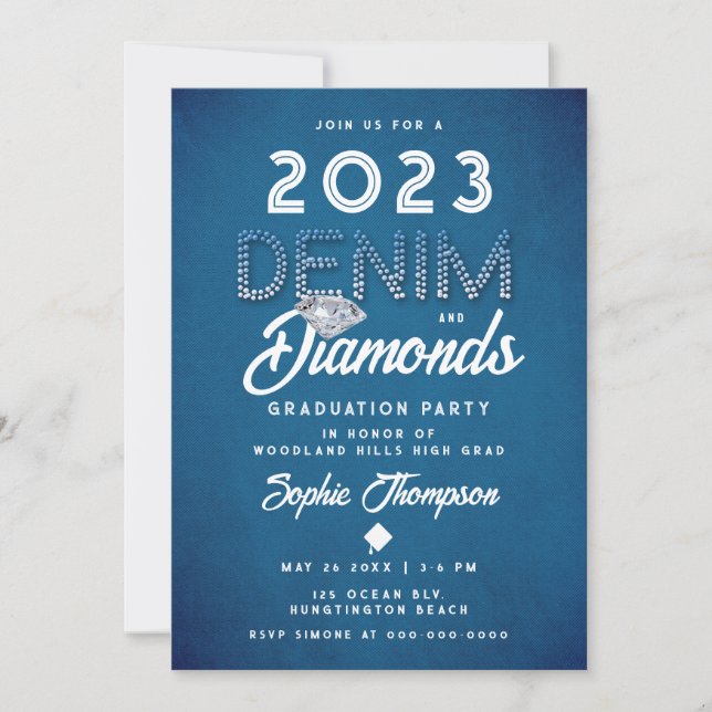 Denim Diamonds Lettering Modern Graduation Party Invitation (Front)