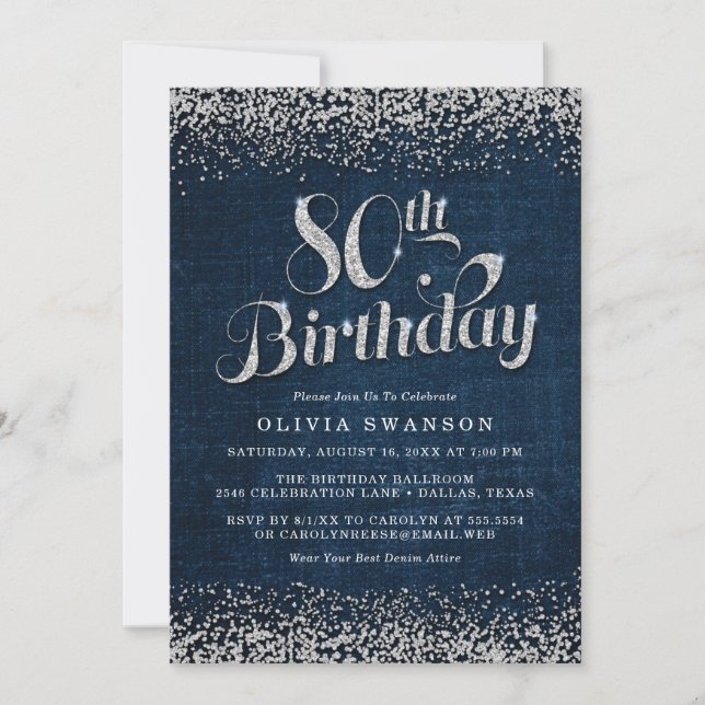 Denim & Diamonds Milestone 80th Birthday Party Invitation (Front)
