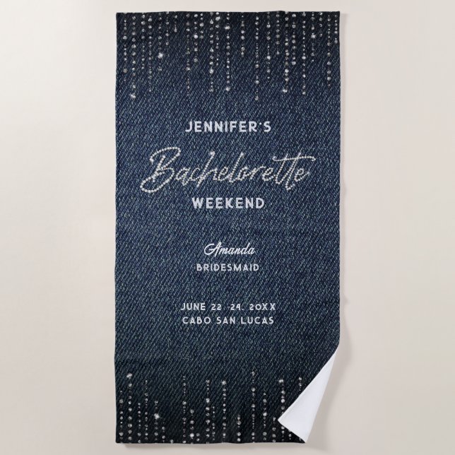 Denim Diamonds Modern Bachelorette Weekend Beach Towel (Front)