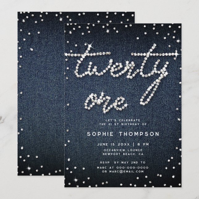 Denim Diamonds Modern Calligraphy 21st Birthday Invitation (Front/Back)