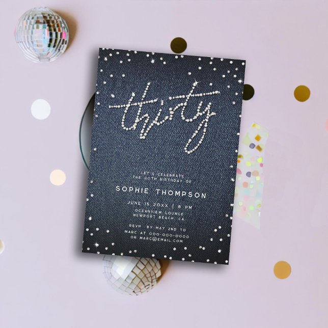 Denim Diamonds Modern Calligraphy 30th Birthday Invitation (denim diamonds 30th birthday invitation for women classy rhinestones modern elegant chic calligraphy)