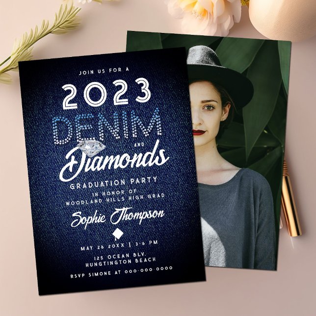 Denim Diamonds Modern Chic Photo Graduation Party Invitation (Creator Uploaded)