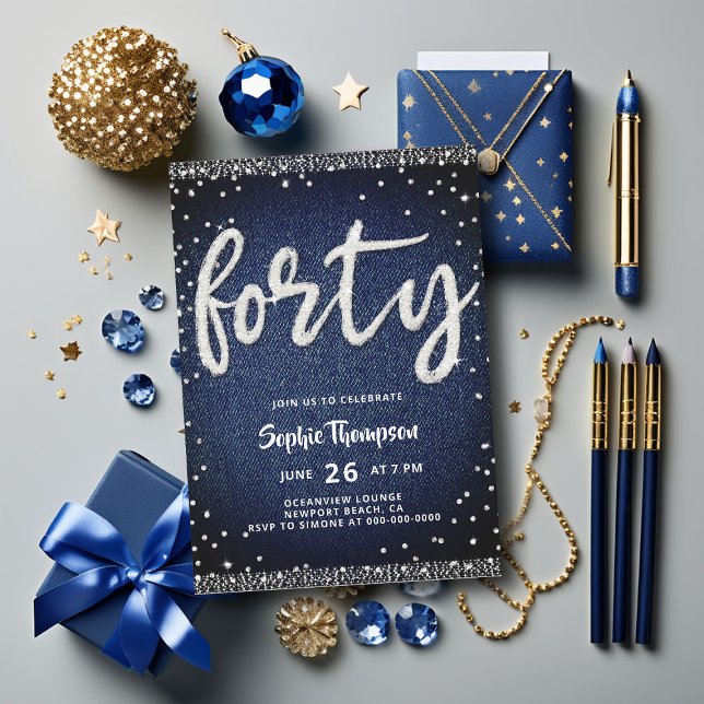 Denim Diamonds Modern Glam Classy 40th Birthday Invitation (denim diamonds 40th birthday glam rhinestones calligraphy classy bling stylish trendy modern elegant)