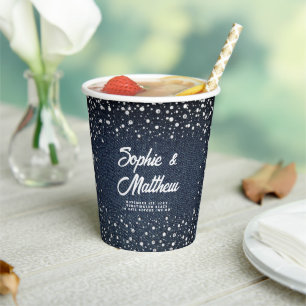 Denim Diamonds Pearls Blue Couple Wedding Shower Paper Cups