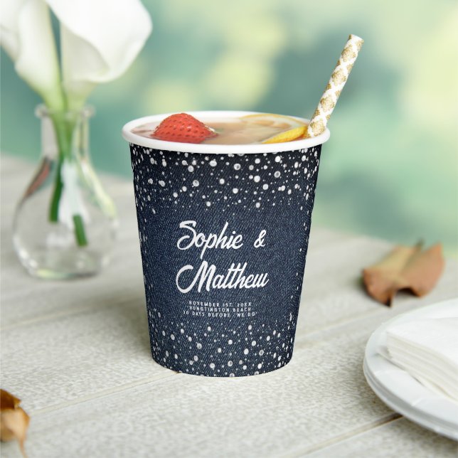 Denim Diamonds Pearls Blue Couple Wedding Shower Paper Cups (Insitu)