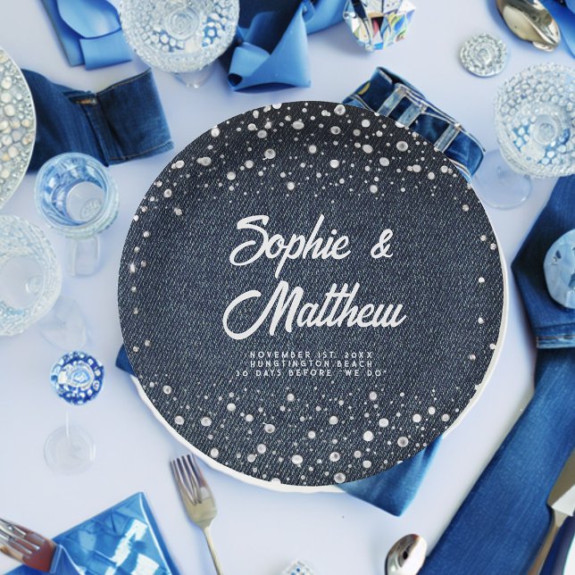 Denim Diamonds Pearls Blue Couple Wedding Shower Paper Plate (denim and pearls couple wedding shower custom paper plate blue jeans white rustic western country )