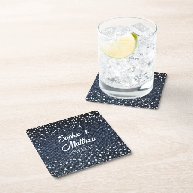 Denim Diamonds Pearls Blue Couple Wedding Shower Square Paper Coaster (Insitu)