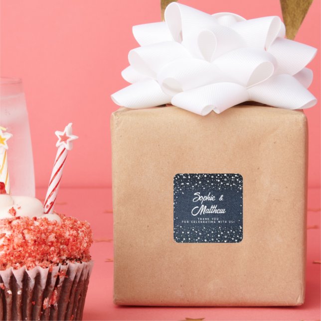 Denim Diamonds Pearls Blue Couple Wedding Shower Square Sticker (Party)