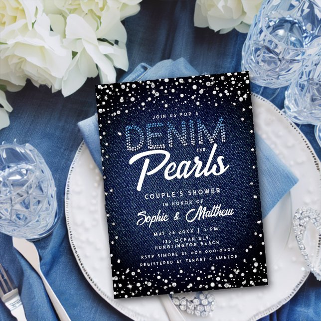 Denim Diamonds Pearls Blue Elegant Couple Shower Invitation (Creator Uploaded)