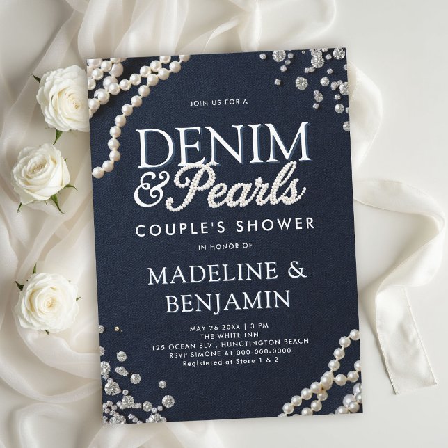 Denim Diamonds Pearls Blue Rustic Couple Shower Invitation (denim diamonds pearls wedding shower invitations template couple bridal western country rustic)