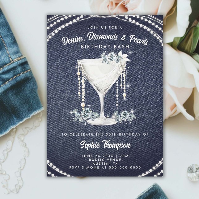 Denim Diamonds Pearls Champagne Birthday Party Invitation (denim diamonds pearls birthday party invitation elegant classy champagne bling glam glitz sparkle)
