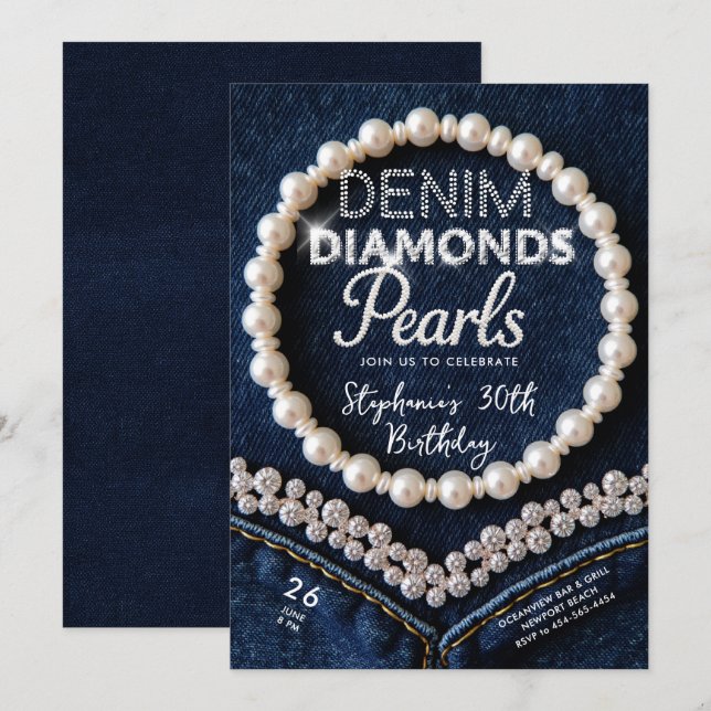 Denim Diamonds Pearls Chic Classy Modern Birthday Invitation (Front/Back)