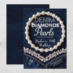 Denim Diamonds Pearls Chic Classy Modern Birthday Invitation