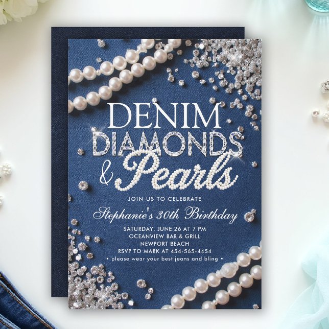Denim Diamonds Pearls Chic Classy Stylish Birthday Invitation (denim diamonds and pearls party ideas modern classy elegant blue white invites diy invites templates)