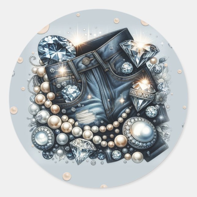 Denim Diamonds & Pearls Jeans Bling Birthday Party Classic Round Sticker (Front)