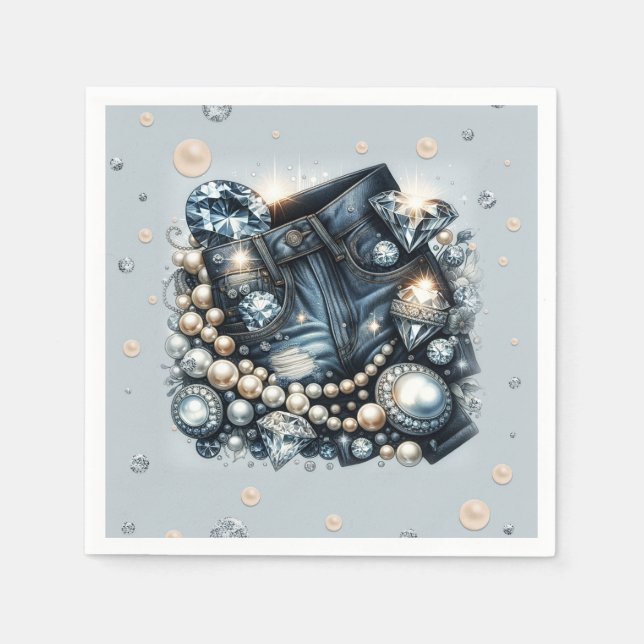 Denim Diamonds & Pearls Jeans Bling Birthday Party Napkin (Front)