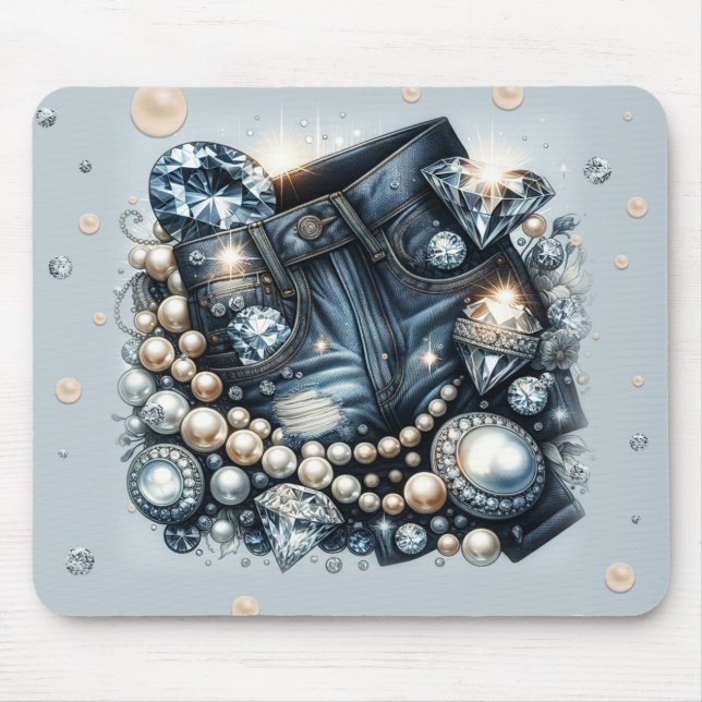 Denim Diamonds & Pearls Jeans Bling Mouse Mat (Front)
