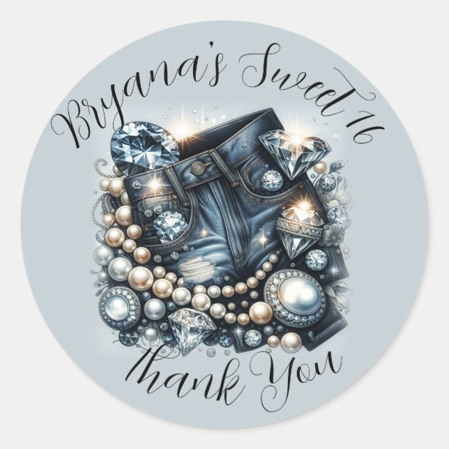 Denim Diamonds & Pearls Jeans Bling Party Classic Round Sticker (Front)