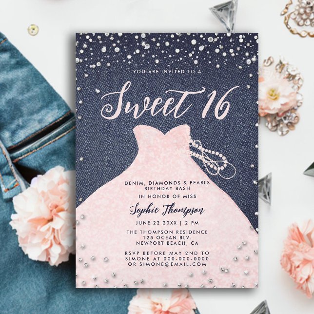 Denim Diamonds Pearls Pink Princess Dress Sweet 16 Invitation (denim diamonds pearls princess dress sweet 16 invitation elegant modern trendy girly chic blue pink)