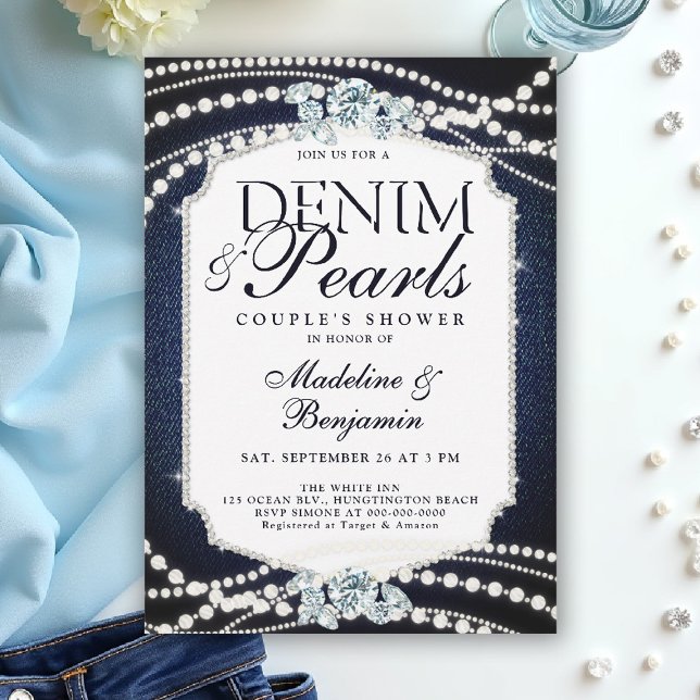 Denim Diamonds Pearls Stylish Frame Wedding Shower Invitation (denim and pearls couple wedding shower invitation coed jack jill blue white elegant modern frame)