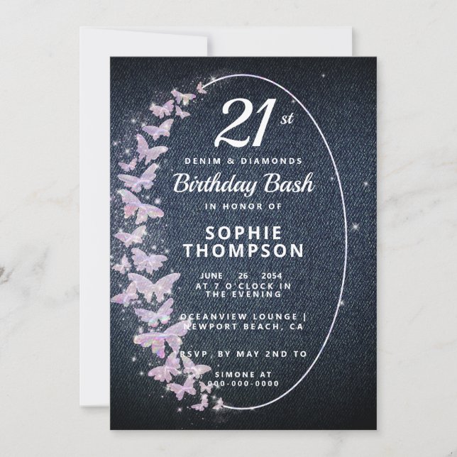 Denim Diamonds Pink Butterfly Frame Birthday Party Invitation (Front)
