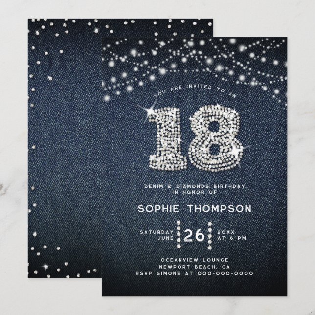 Denim Diamonds Rhinestones Elegant 18th Birthday Invitation (Front/Back)