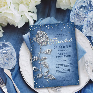 Denim Diamonds Rhinestones Rose Blue Bridal Shower Invitation
