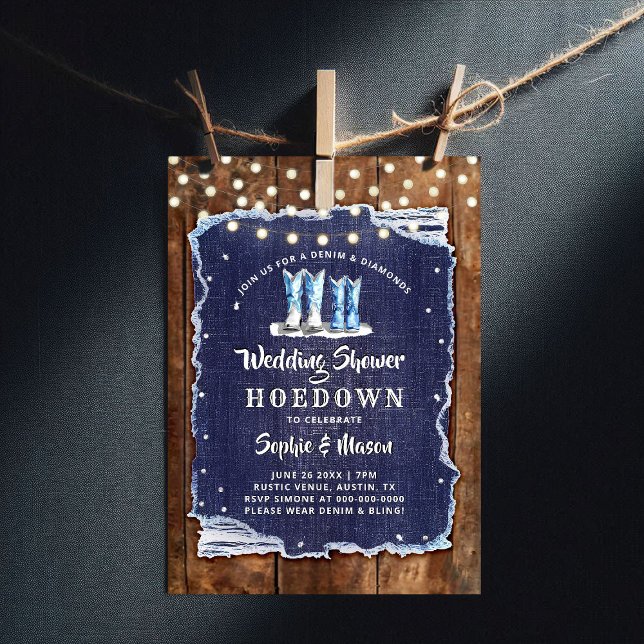 Denim Diamonds Rustic Cowboy Wedding Bridal Shower Invitation (denim and diamonds bridal wedding shower invitation rustic wood board lights hoedown white blue)