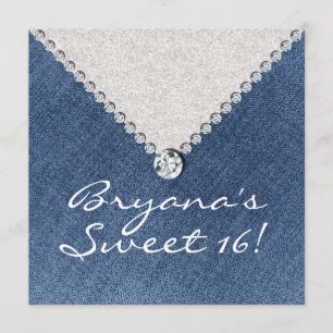 Denim Diamonds Silver Glitter Sweet 16 Invitation