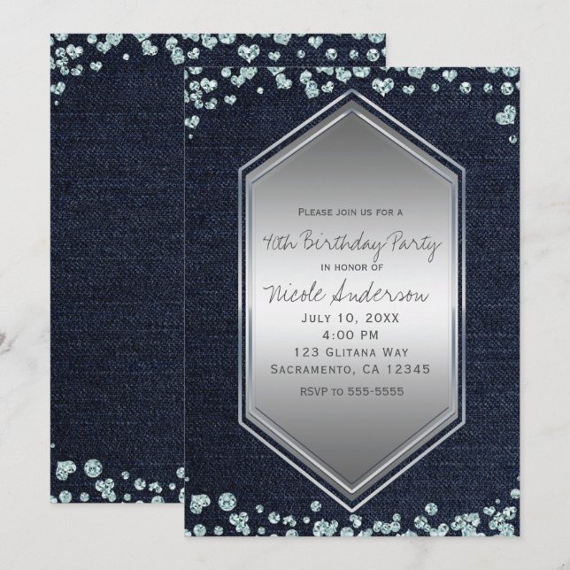 Denim Diamonds Silver Hearts Birthday Party Event Invitation (Front/Back)