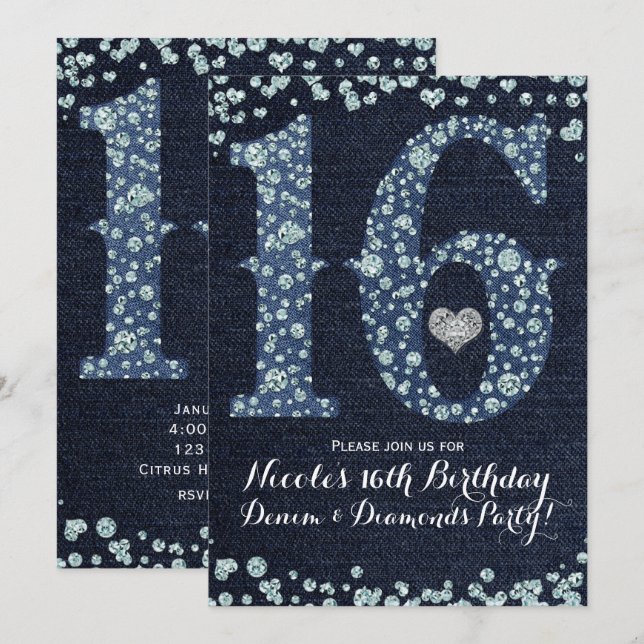 Denim & Diamonds Sweet 16 16th Birthday Party Invitation (Front/Back)