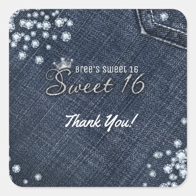 Denim & Diamonds Sweet 16 Crown Party Favour Square Sticker (Front)