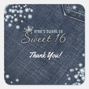 Denim & Diamonds Sweet 16 Crown Party Favour Square Sticker