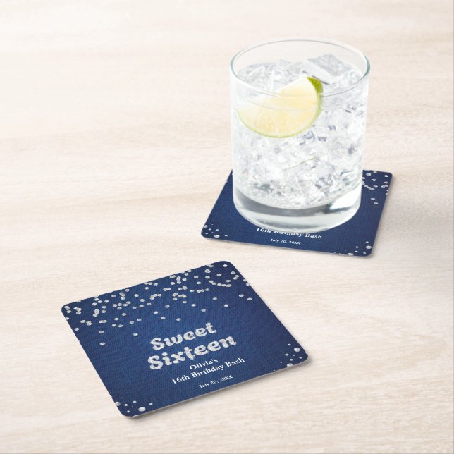 Denim & Diamonds Sweet Sixteen 16th Birthday  Square Paper Coaster (Insitu)