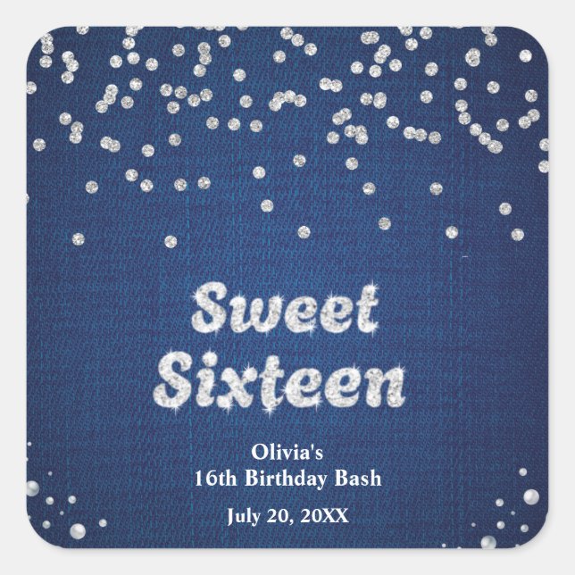 Denim & Diamonds Sweet Sixteen 16th Birthday  Square Sticker (Front)
