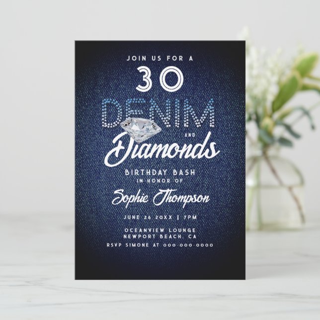 Denim Diamonds Typography 30th Birthday Party Invitation (Standing Front)