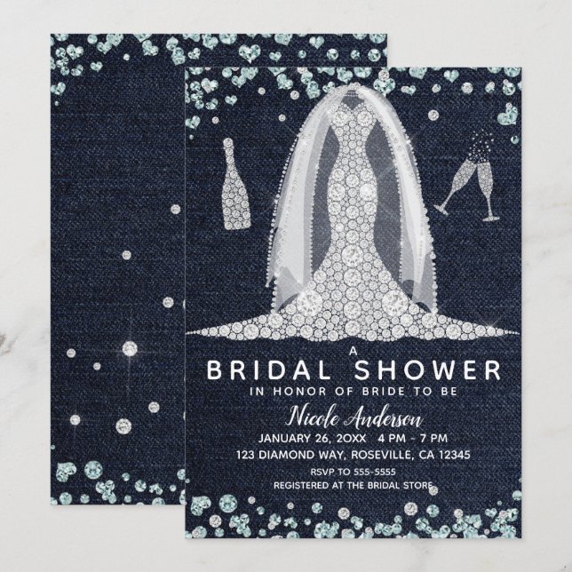 Denim & Diamonds Wedding Dress Bridal Shower Glam Invitation (Front/Back)