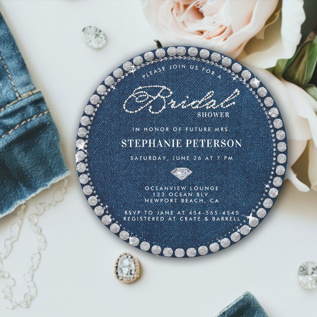 Denim Diamonds Wedding Ring Unique Bridal Shower Invitation (denim and diamonds bridal shower invitation big sparkler ring classy stylish chic modern romantic )