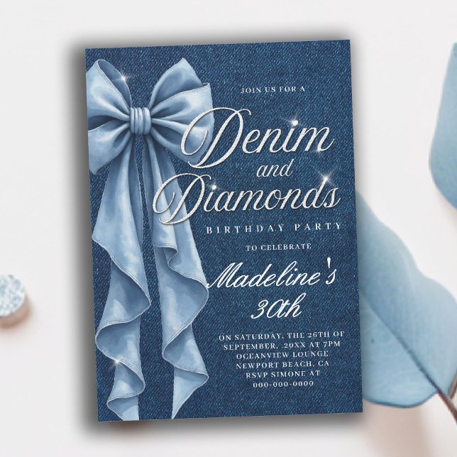 Denim Diamonds White Blue Bow Glam 30th Birthday Invitation (denim and diamonds 30th birthday party invitation blue white coquette bow bling sparkles classy)