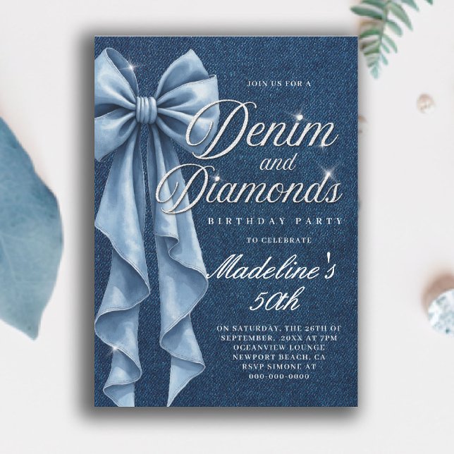 Denim Diamonds White Blue Bow Glam 50th Birthday Invitation (denim and diamonds 50th birthday party invitation blue white coquette bow bling sparkles classy)