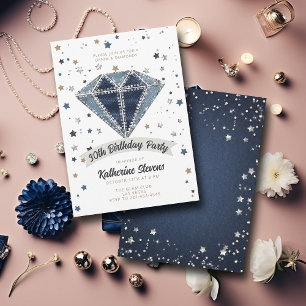 Denim Diamonds White Blue Glitter 30th Birthday Invitation