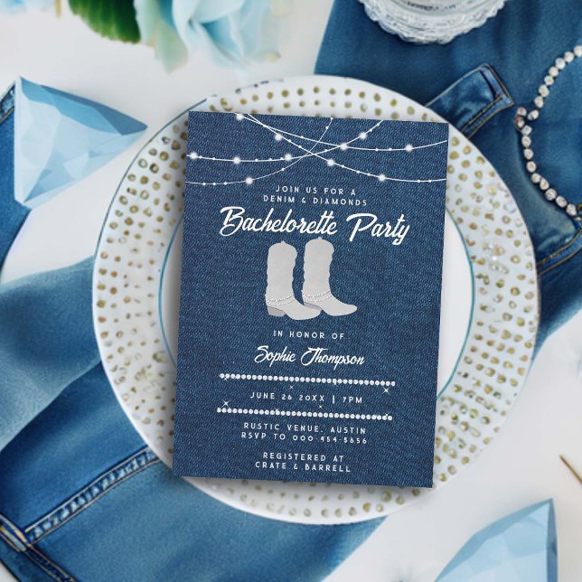 Denim Diamonds White Boots Lights Bachelorette Invitation (denim and diamonds bachelorette party invitation classy bling cowgirl boots western country elegant )
