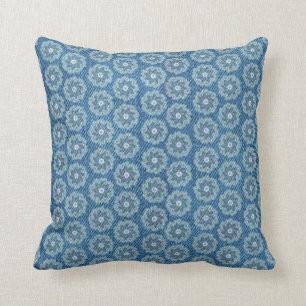 Denim effect blue and teal flowers pillow