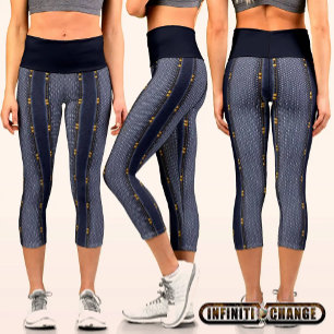 Denim effects with printed rivets and fishnet   capri leggings